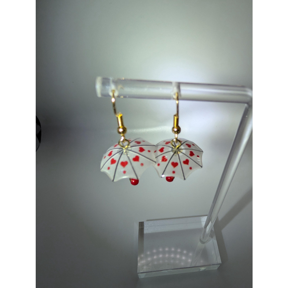 Umbrella Red and White Heart Dangles Gold Tone Stainless Steel Hooks - Picture 6 of 9